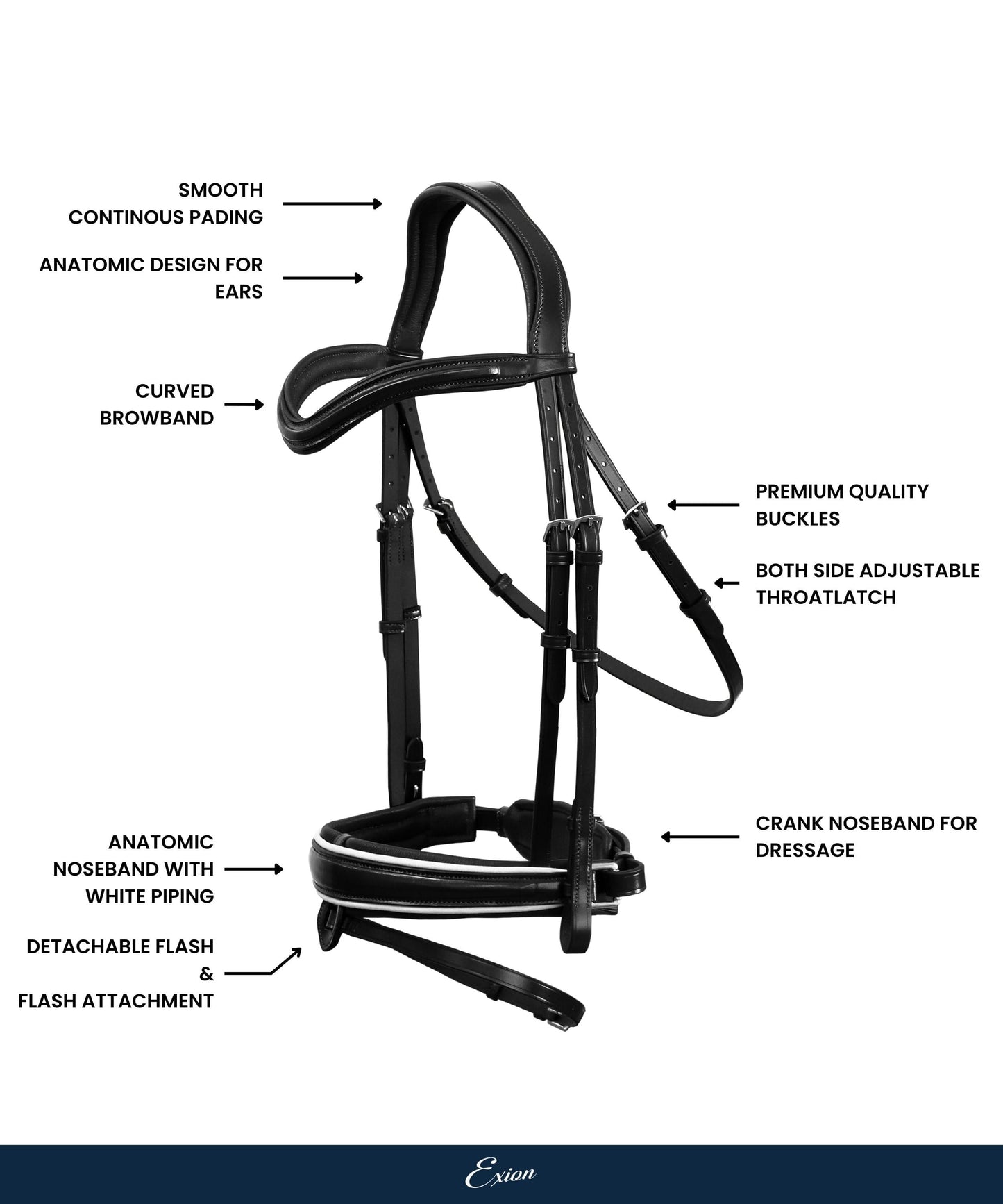 Exion 'Vega' White Piping Dressage Bridle with Reins