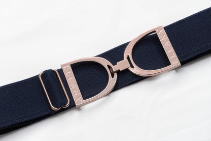Navy - 1.5" Rose Gold Stirrup Equestrian Elastic Belt - Riders Choice Supply Co
