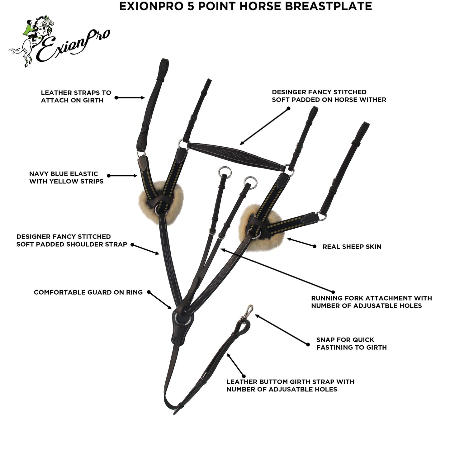 ExionPro 5 Point Breastplate - Navy Blue Elastic with Yellow Line
