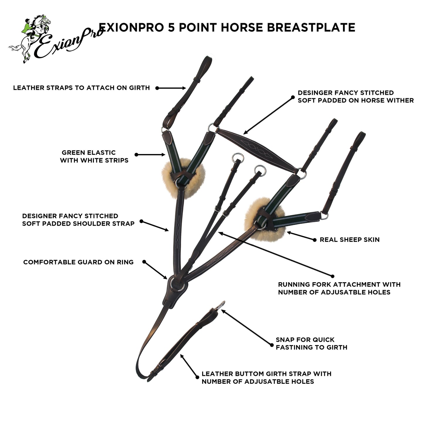 ExionPro 5 Point Breastplate - Green Elastic with White Lines