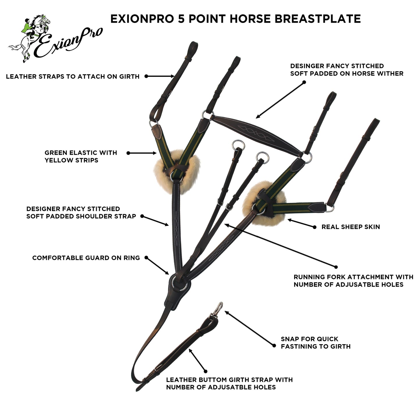 ExionPro 5 Point Breastplate - Green Elastic with Yellow Lines