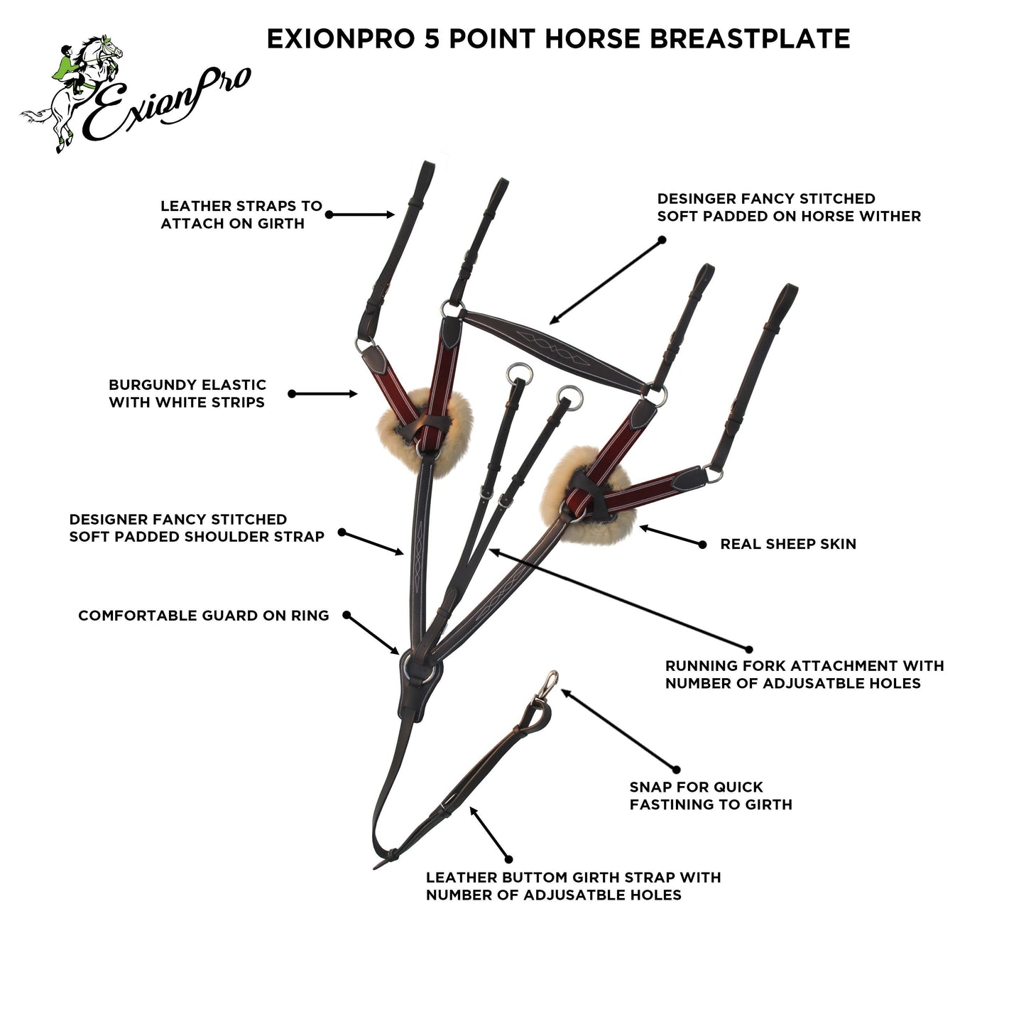 ExionPro 5 Point Breastplate - Burgundy Elastic with White Strips