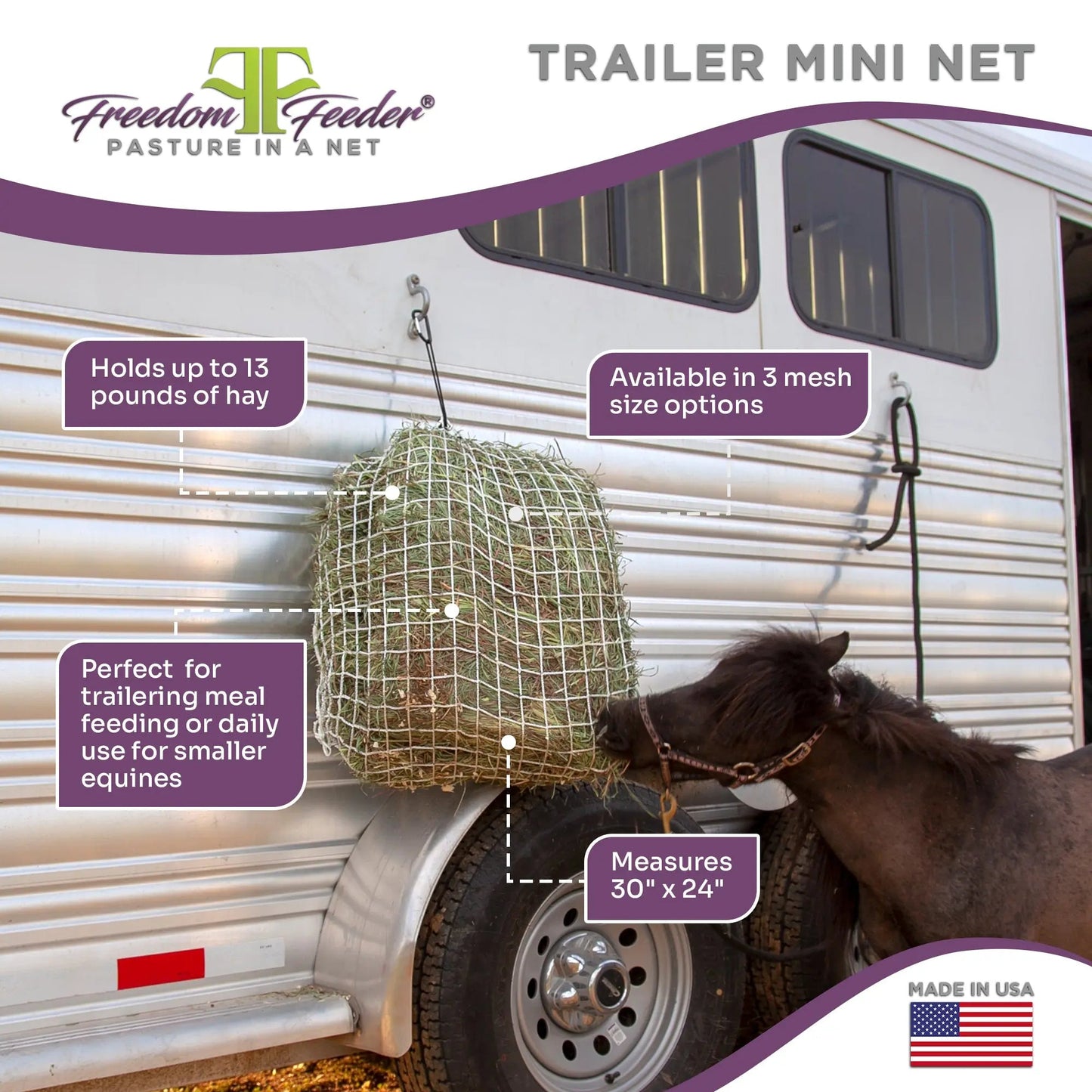 Freedom Feeder Trailer/Mini Hay Net - Slow Feed Hay Net - 2 Flake  - 3 Size Mesh Options - Riders Choice Supply Co