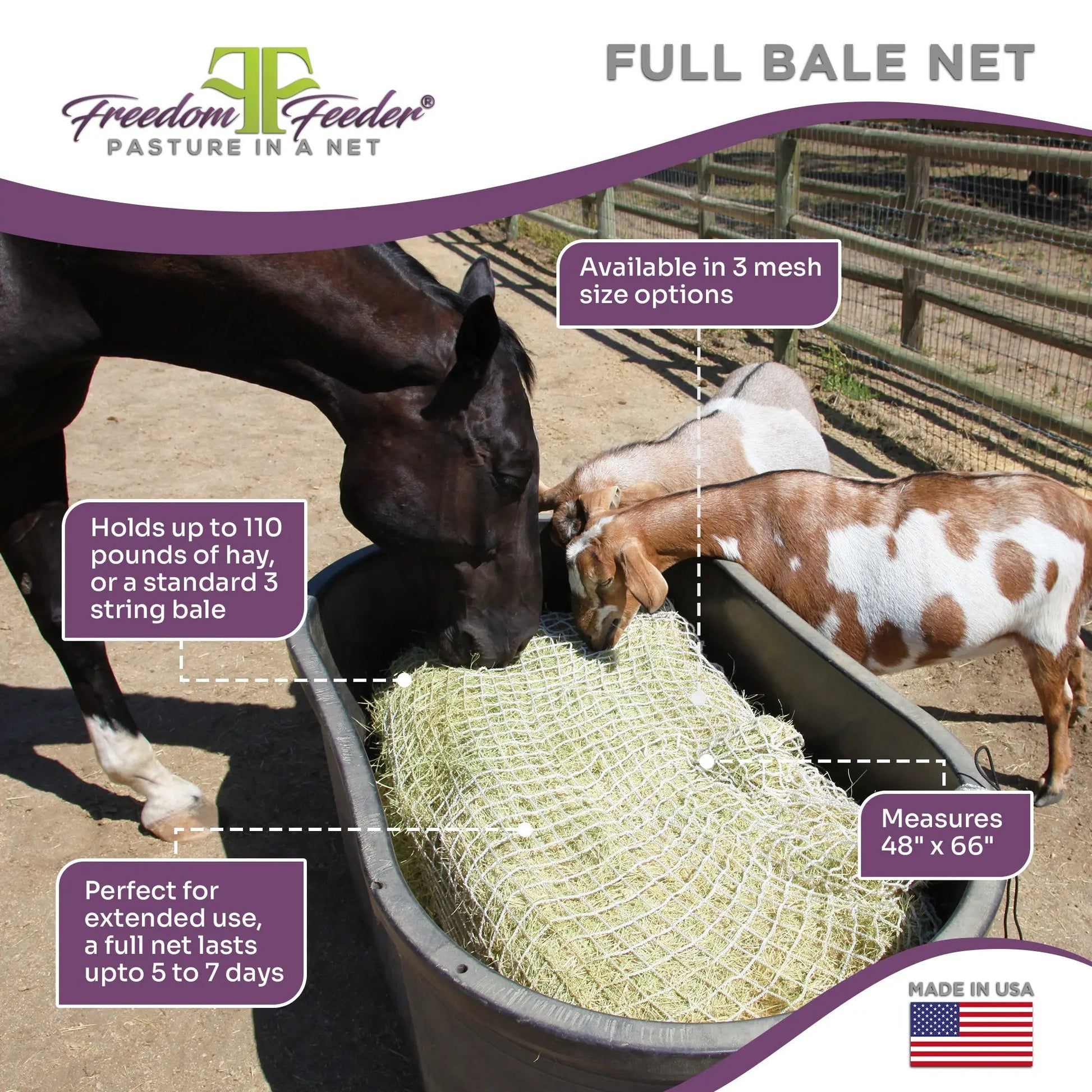 Freedom Feeder Full Bale Hay Net - Slow Feed Hay Net - 3 String Bale - 3 Size Mesh Options - Riders Choice Supply Co