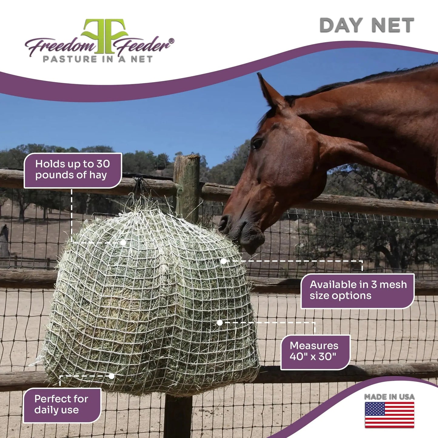 Freedom Feeder Day Net - Slow Feed Hay Net - 4 Flake - 3 Size Mesh Options - Riders Choice Supply Co