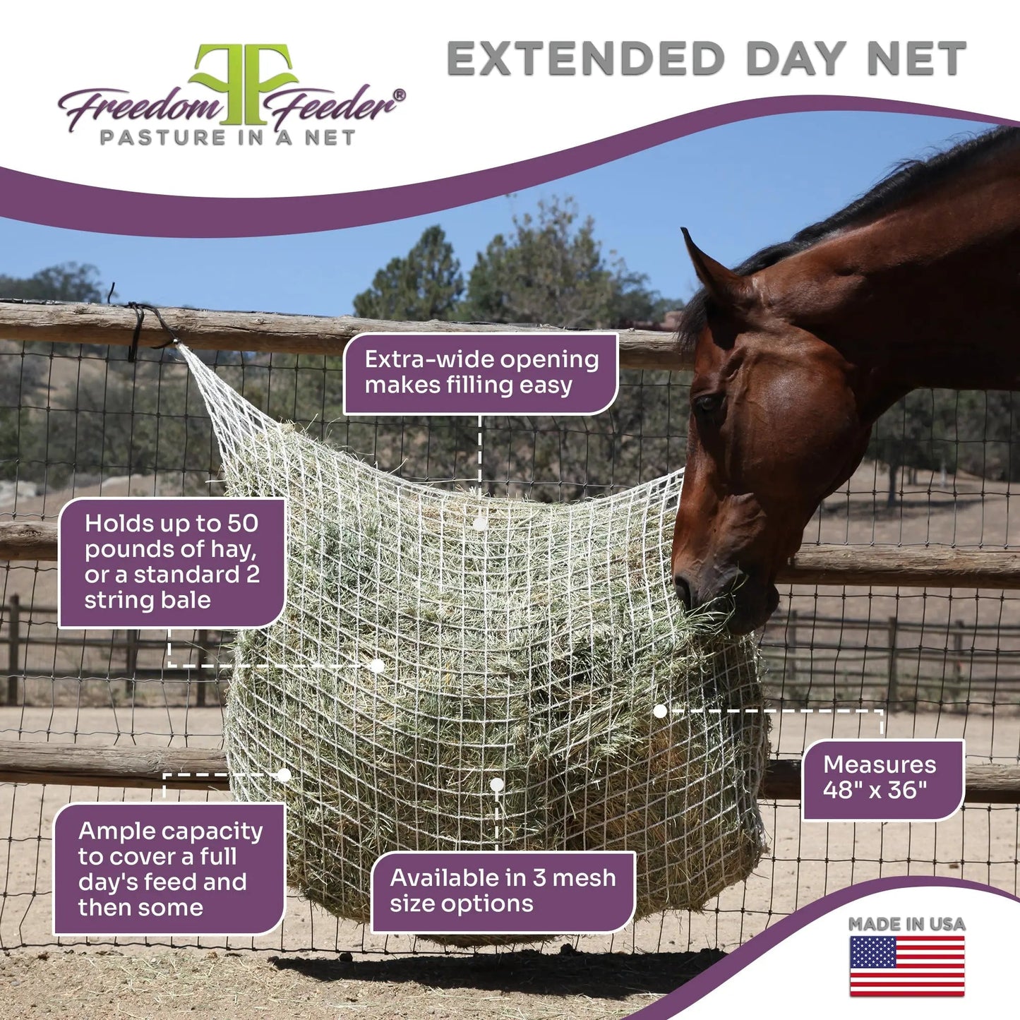 Freedom Feeder Extended Day Net - Slow Feed Hay Net - 2 String Bale - 3 Size Mesh Options - Riders Choice Supply Co
