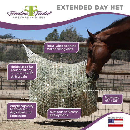 Freedom Feeder Extended Day Net - Slow Feed Hay Net - 2 String Bale - 3 Size Mesh Options - Riders Choice Supply Co