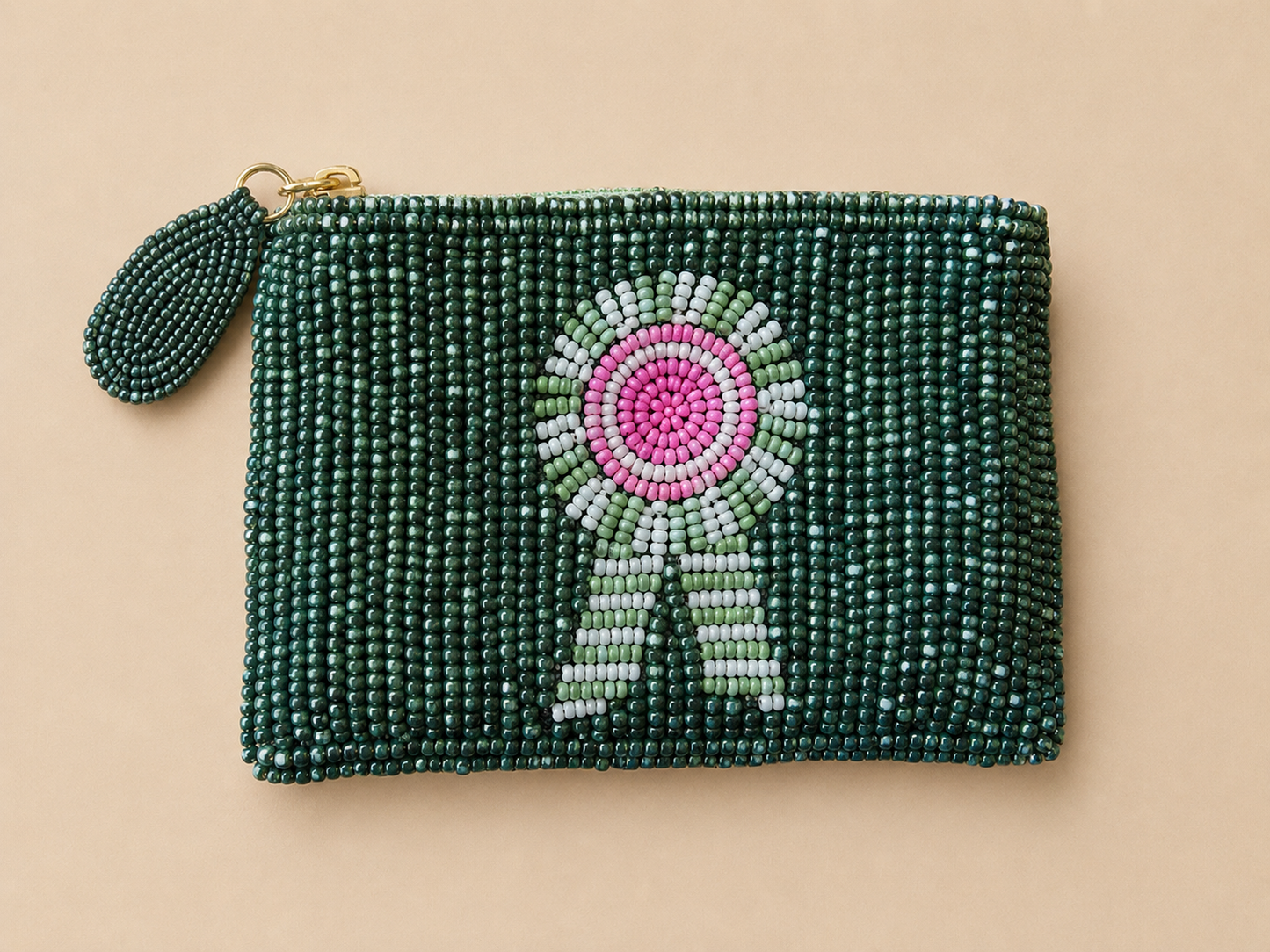 Green Ribbon Small Beaded Pouch