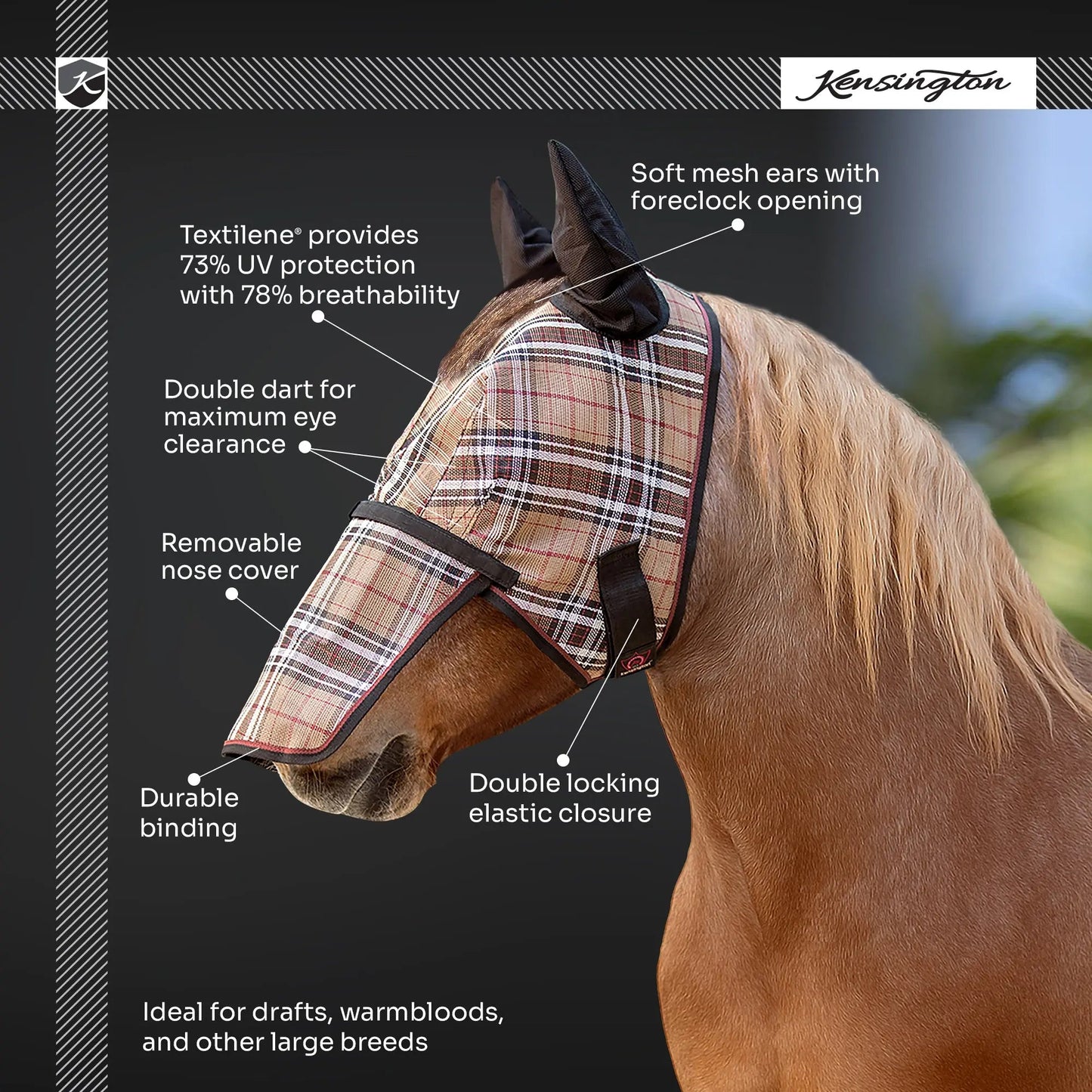 Draft Horse Fly Mask with Long Nose, Ears & 73% UV Protection - Riders Choice Supply Co