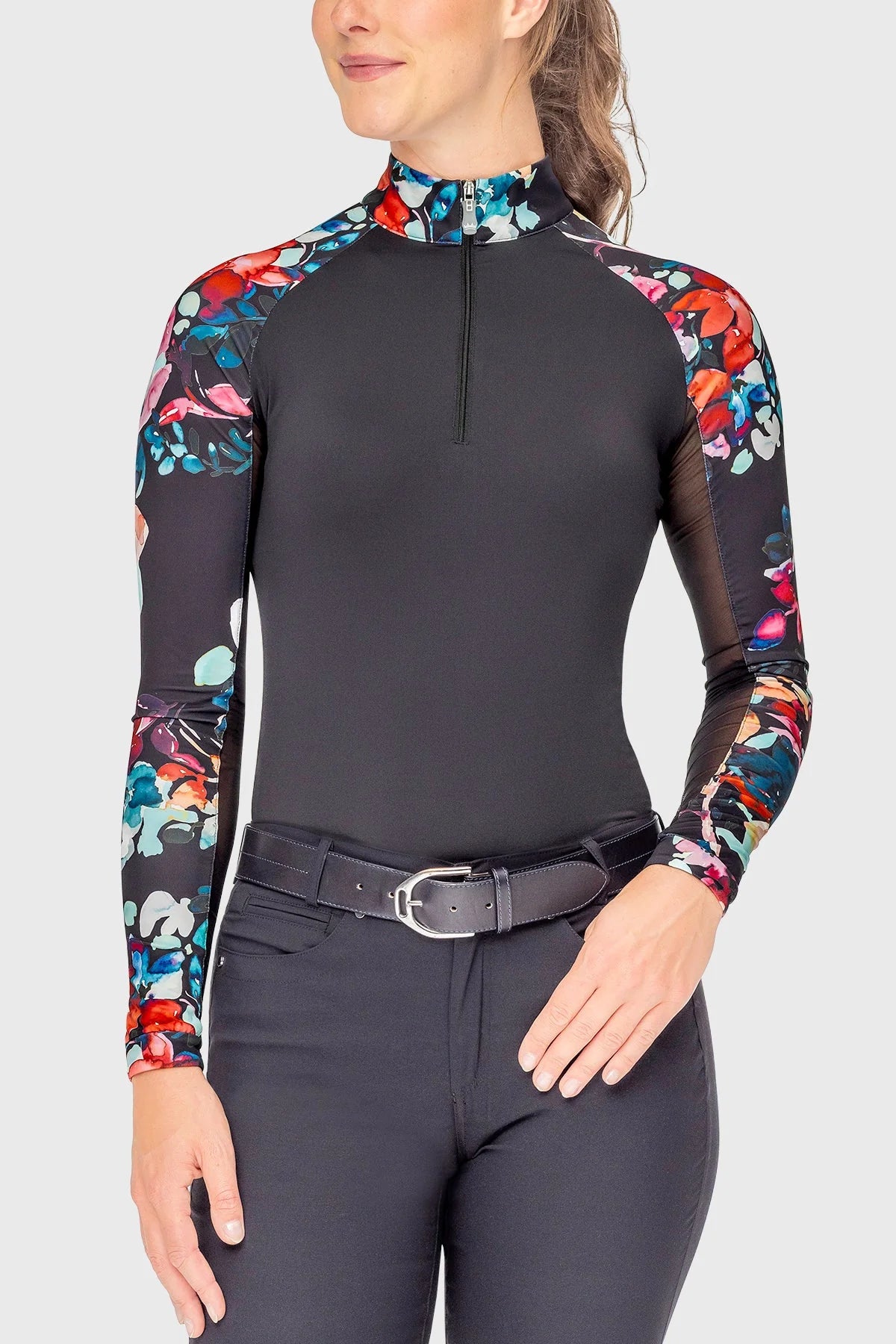 Kastel Denmark Black Watercolor Floral Long Sleeve Raglan 1/4 Zip Sun Shirt