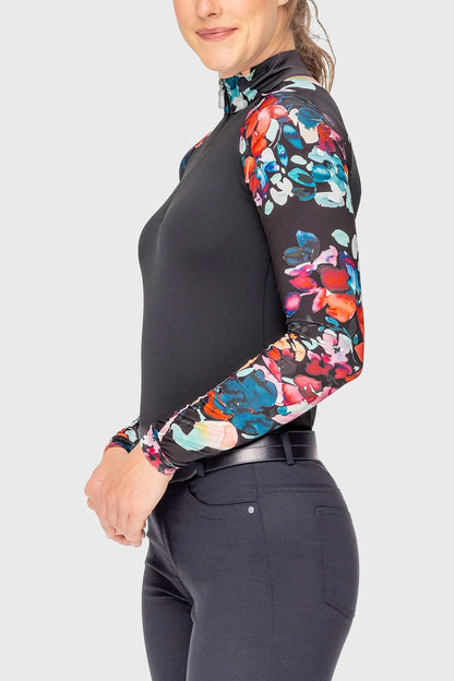 Kastel Denmark Black Watercolor Floral Long Sleeve Raglan 1/4 Zip Sun Shirt