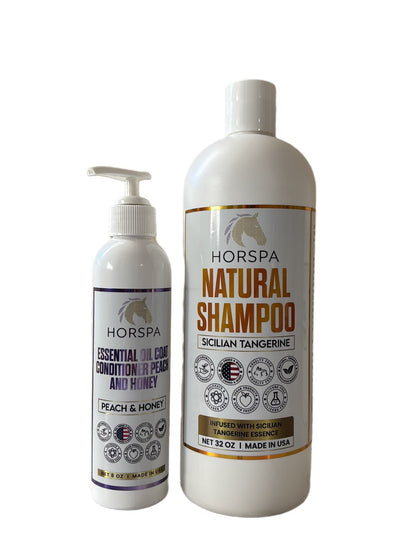 Bundle Natural Horse Shampoo Sicilian Tangerine 32oz Plus Essential Oil Coat Conditioner Peach and Honey 16oz with Sponge applicator