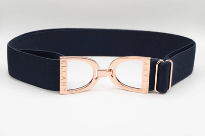 Navy - 1.5" Rose Gold Stirrup Equestrian Elastic Belt - Riders Choice Supply Co