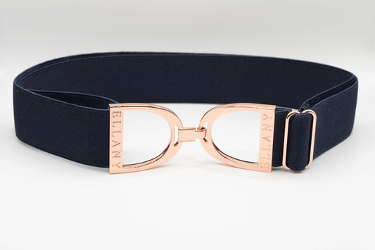 Navy - 1.5" Rose Gold Stirrup Equestrian Elastic Belt - Riders Choice Supply Co
